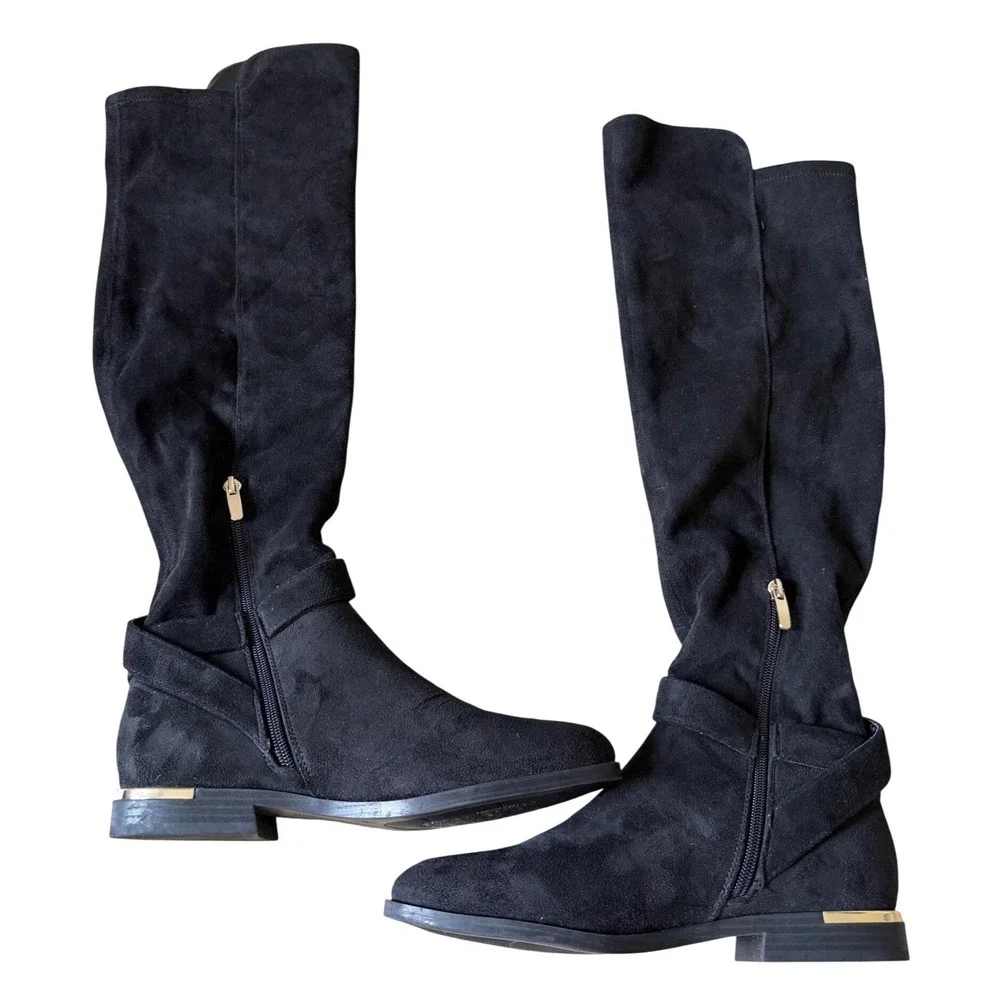 Nine West Black Suede Tall Knee High Buckle Boots Gold Trim Womens Size 8M